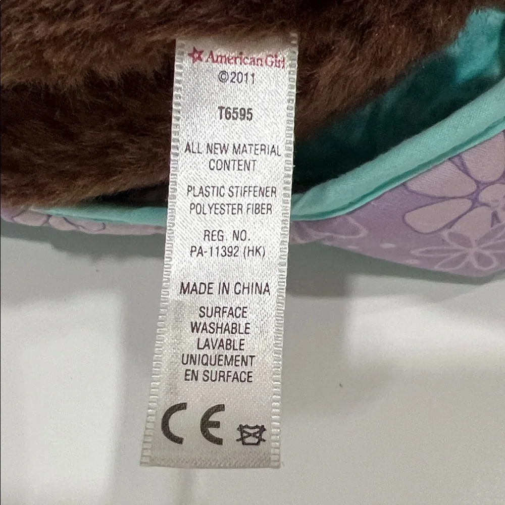 American Girl Brown Plush Dog with Teal and Purple Bed